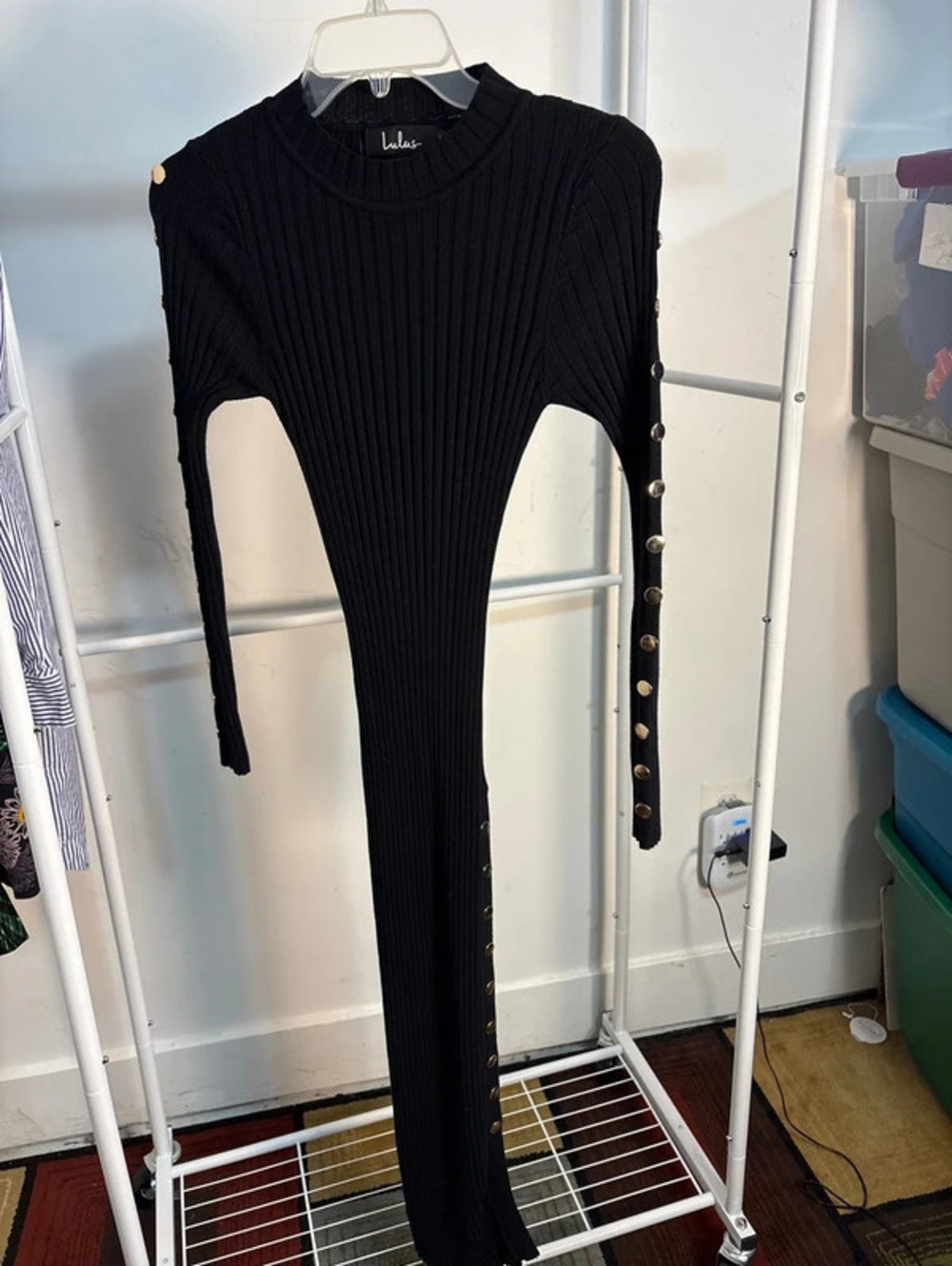 Brand New Lulus Ribbed Knit Button Side Midi Sweater Dress - Black S